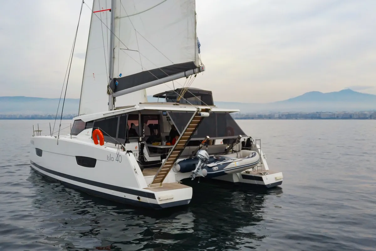 Exterior view of Zagara, a Fountaine Pajot Isla 40 catamaran at Municipal Unit of Lefkada, Greece