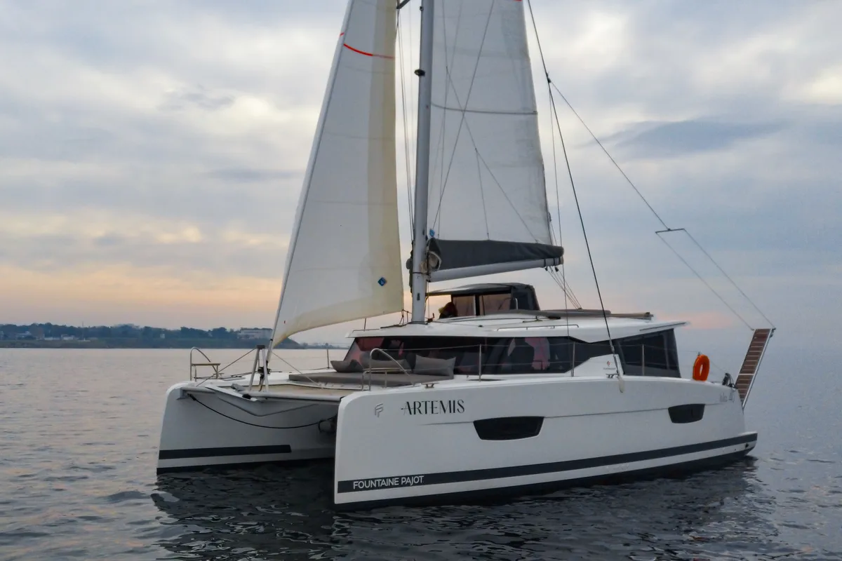 Exterior view of Zagara, a Fountaine Pajot Isla 40 catamaran at Municipal Unit of Lefkada, Greece