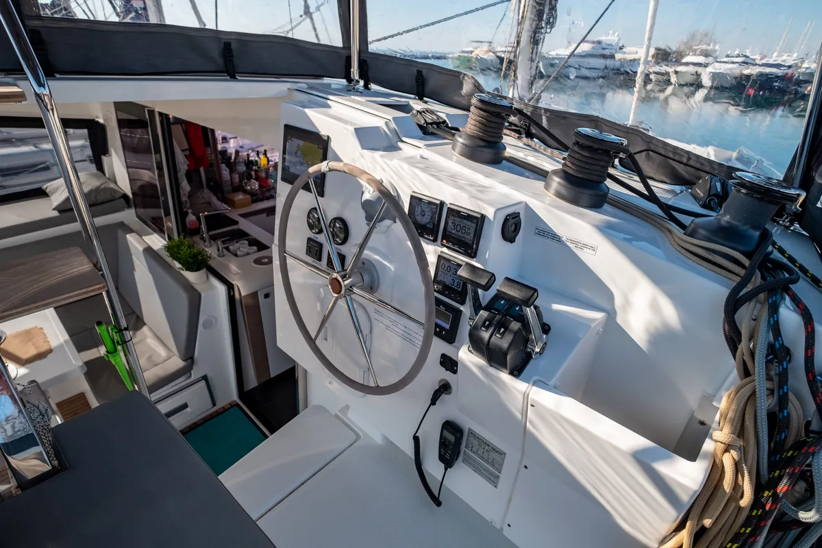 Cockpit of Zagara, a Fountaine Pajot Isla 40 catamaran at Municipal Unit of Lefkada, Greece