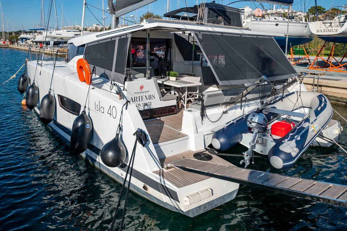 Exterior view of Zagara, a Fountaine Pajot Isla 40 catamaran at Municipal Unit of Lefkada, Greece