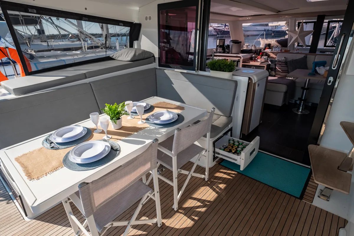 Deck of Zagara, a Fountaine Pajot Isla 40 catamaran at Municipal Unit of Lefkada, Greece