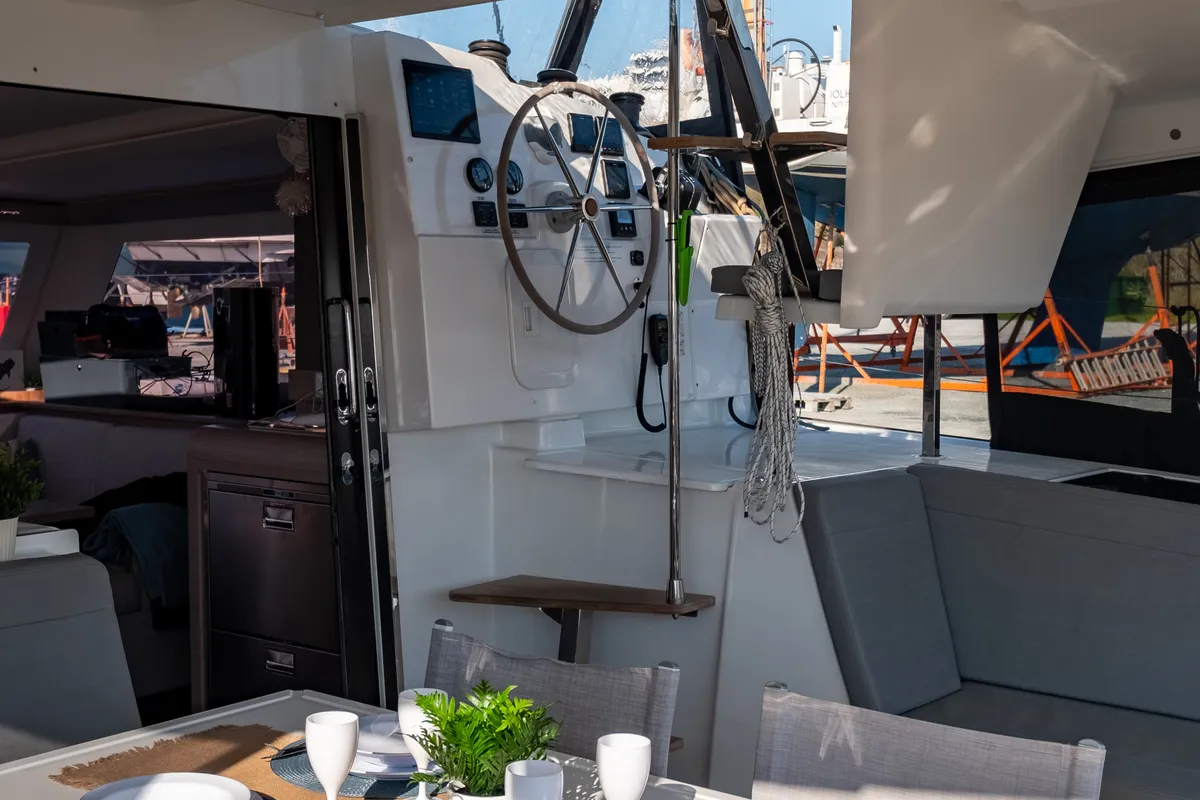 Cockpit of Zagara, a Fountaine Pajot Isla 40 catamaran at Municipal Unit of Lefkada, Greece