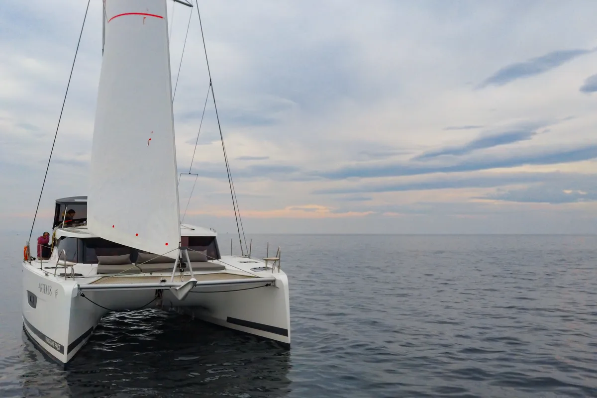 Exterior view of Zagara, a Fountaine Pajot Isla 40 catamaran at Municipal Unit of Lefkada, Greece