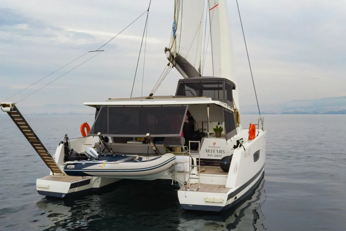 Exterior view of Zagara, a Fountaine Pajot Isla 40 catamaran at Municipal Unit of Lefkada, Greece