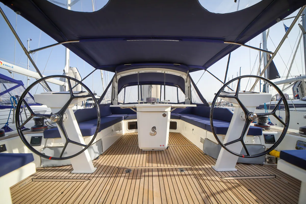 Cockpit of Zagara - Comfort Line, a Beneteau Oceanis 51.1 sailboat at Olbia, Italy