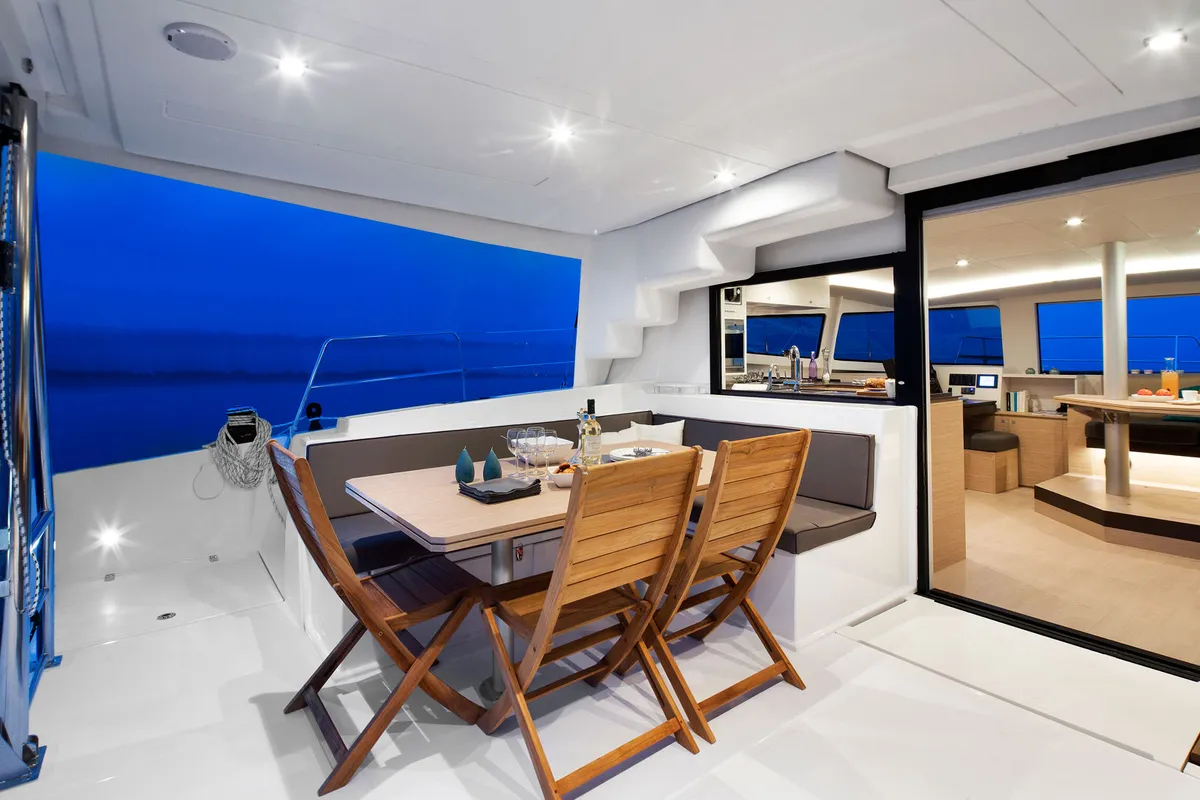 Deck of Grande Amore, a Bali 4.5 catamaran at Punat, Croatia