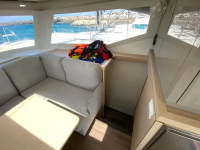 Salon of Papaya, a Fountaine Pajot Lucia 40 catamaran at Ibiza, Spain