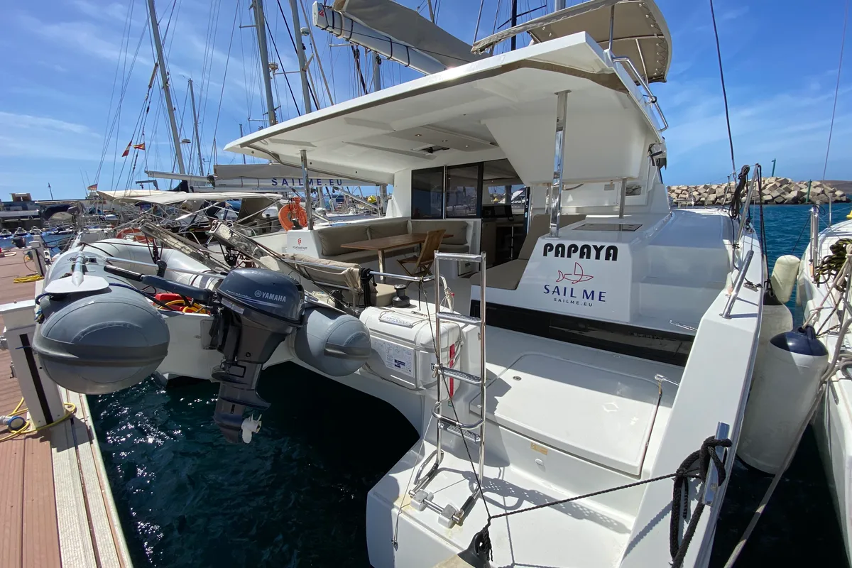 Exterior view of Papaya, a Fountaine Pajot Lucia 40 catamaran at Ibiza, Spain