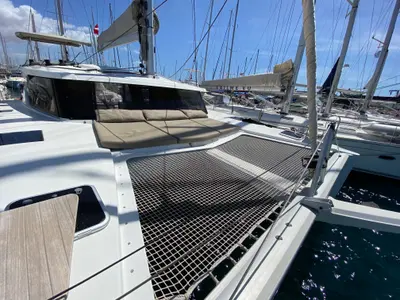 Deck of Papaya, a Fountaine Pajot Lucia 40 catamaran at Ibiza, Spain