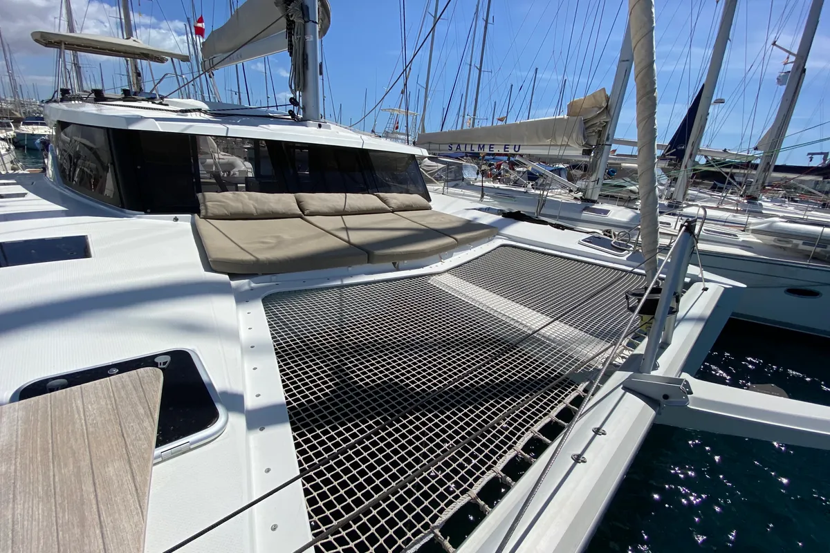 Deck of Papaya, a Fountaine Pajot Lucia 40 catamaran at Ibiza, Spain
