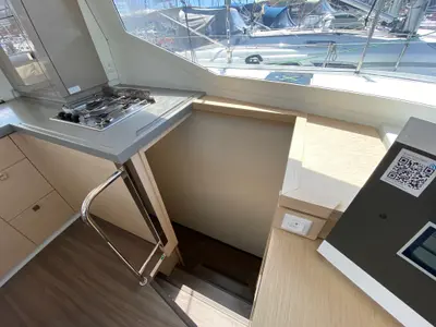 Galley of Papaya, a Fountaine Pajot Lucia 40 catamaran at Ibiza, Spain