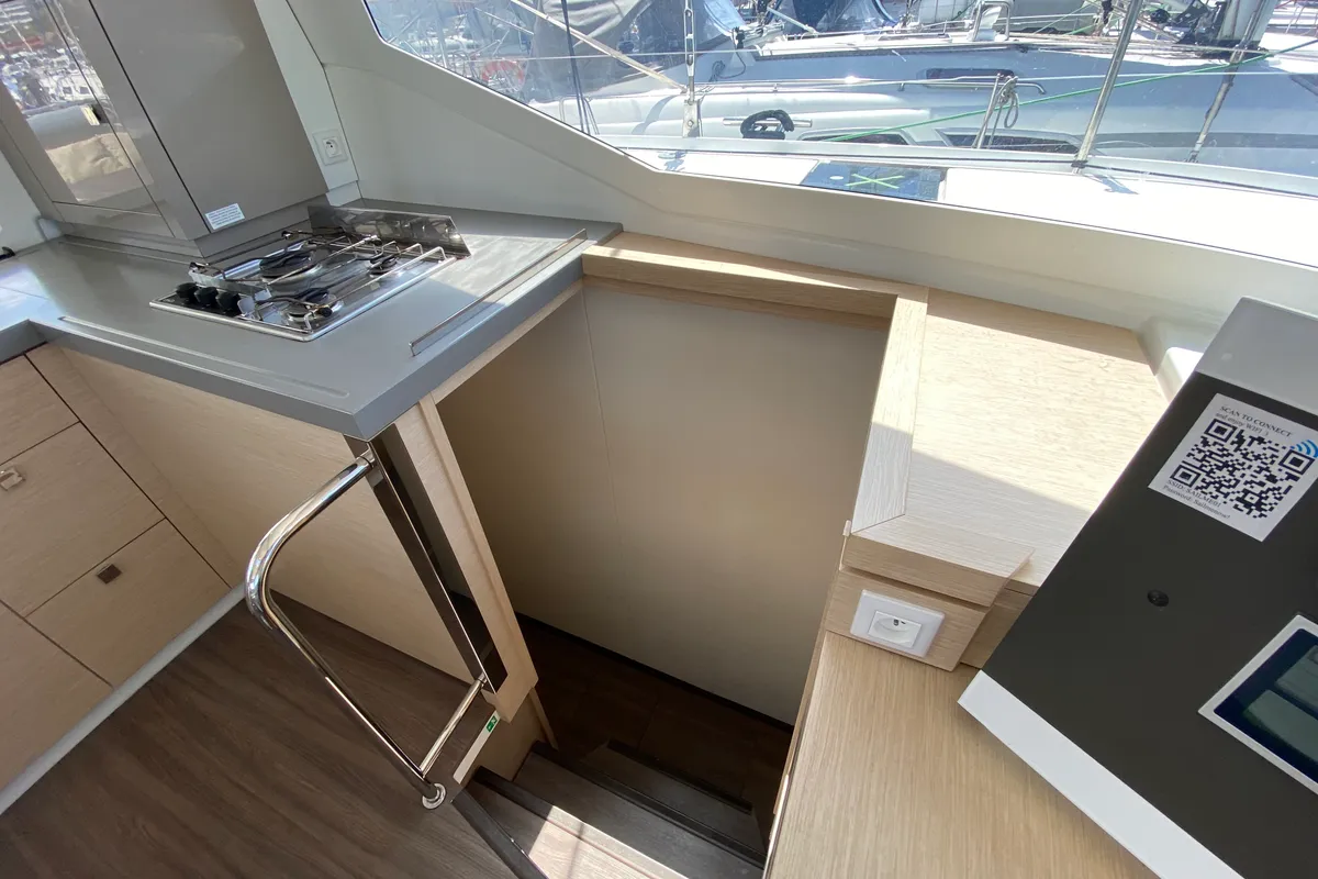 Galley of Papaya, a Fountaine Pajot Lucia 40 catamaran at Ibiza, Spain