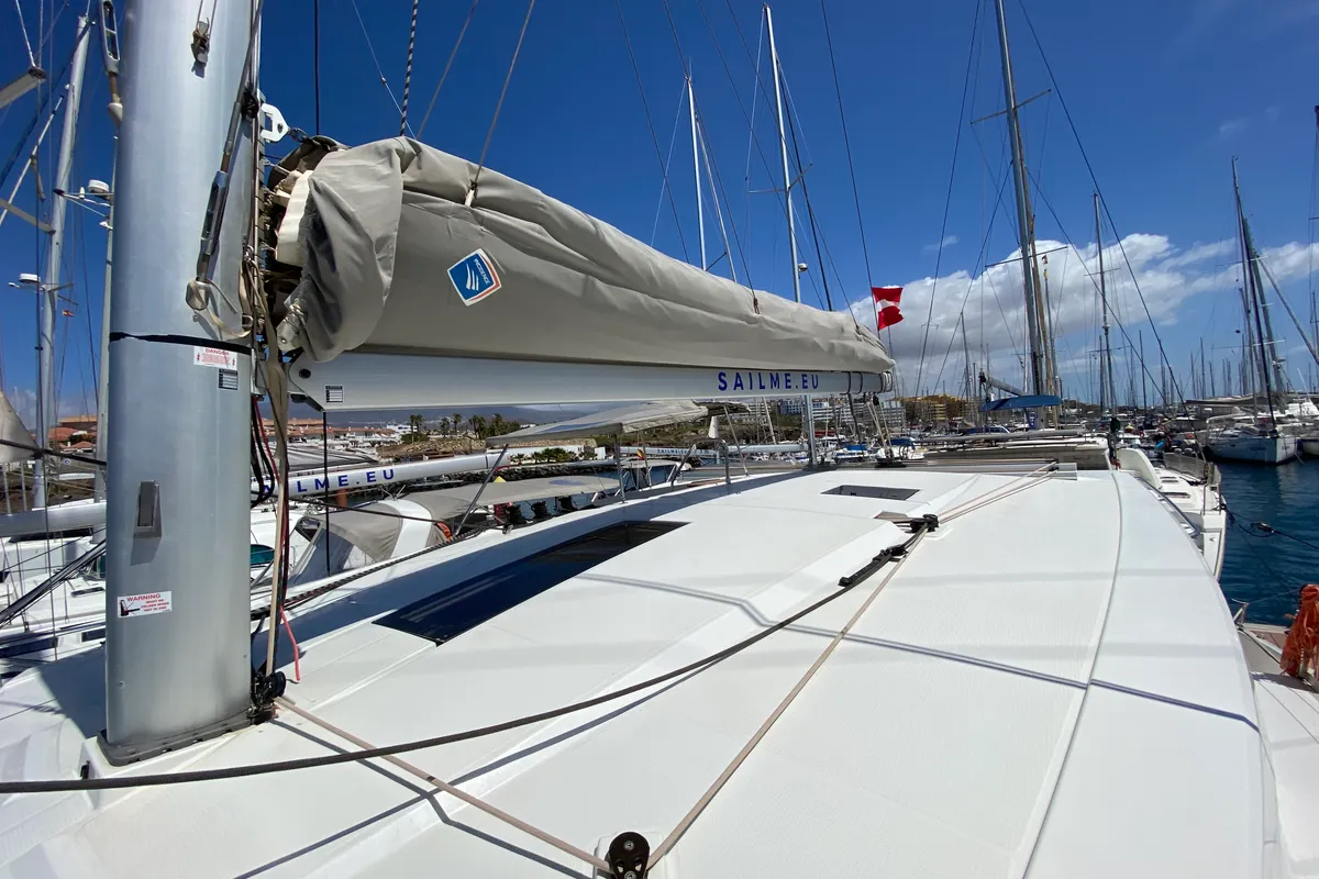 Deck of Papaya, a Fountaine Pajot Lucia 40 catamaran at Ibiza, Spain