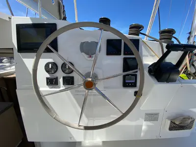 Cockpit of Papaya, a Fountaine Pajot Lucia 40 catamaran at Ibiza, Spain