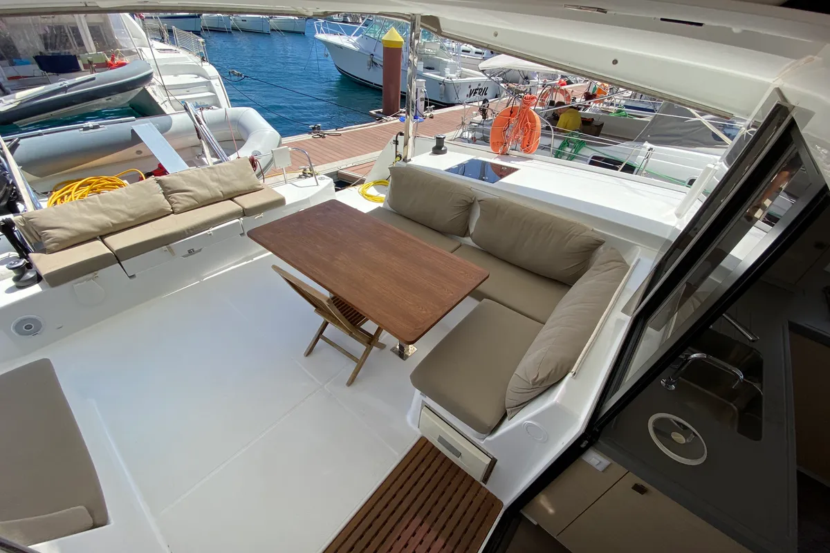 Deck of Papaya, a Fountaine Pajot Lucia 40 catamaran at Ibiza, Spain