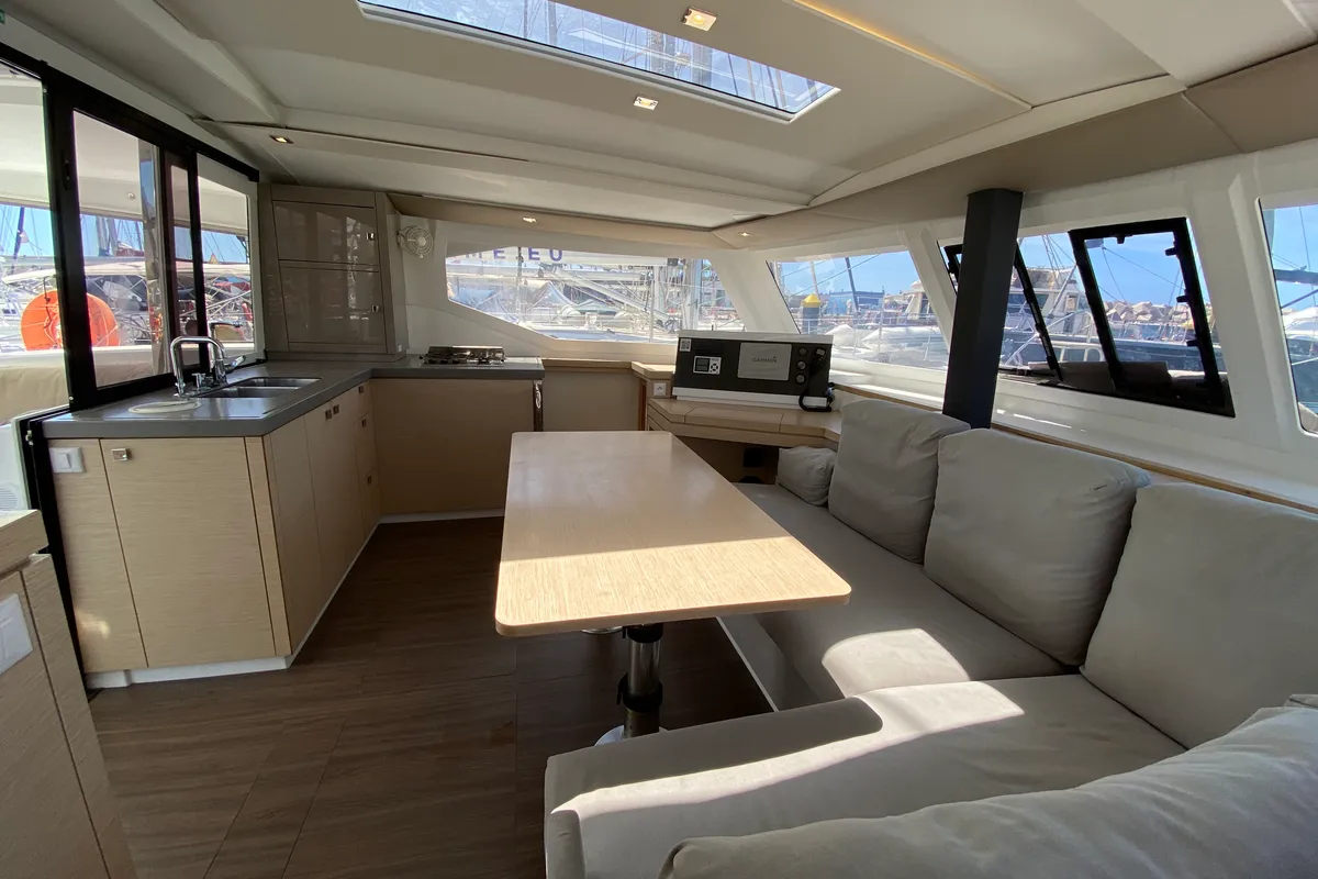 Salon of Papaya, a Fountaine Pajot Lucia 40 catamaran at Ibiza, Spain