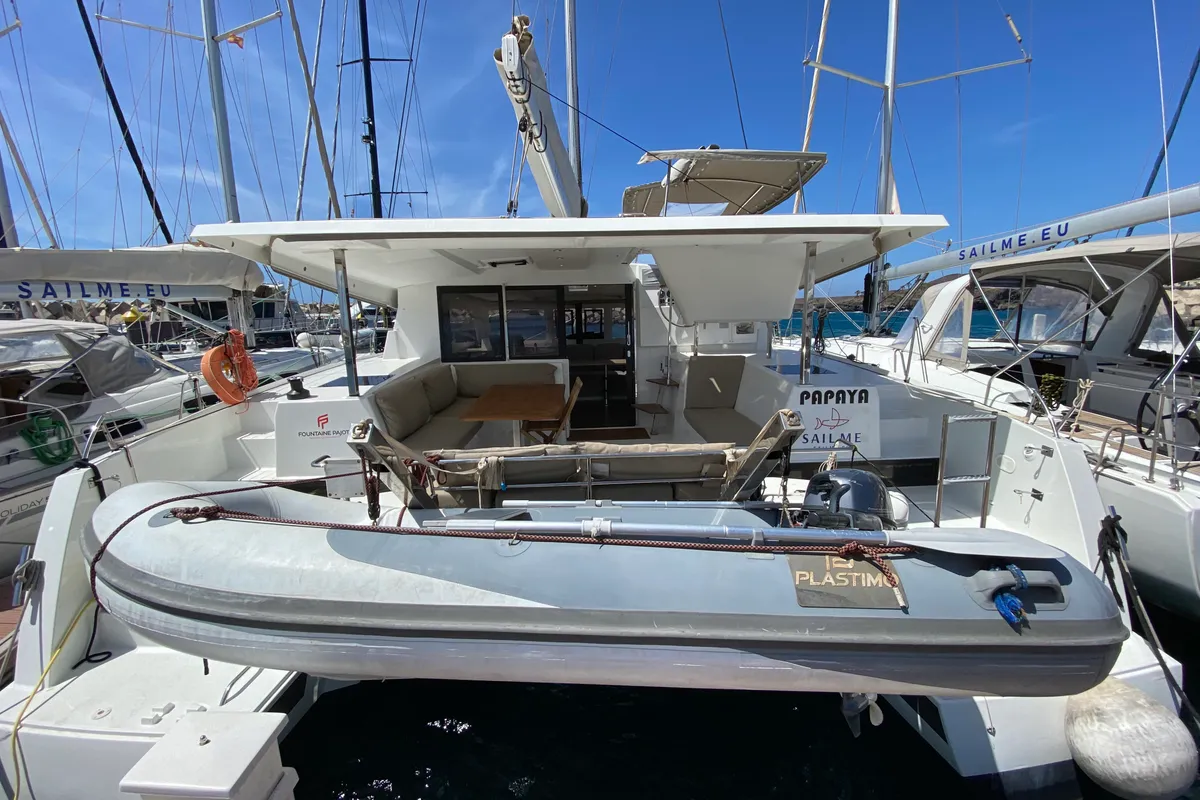 Exterior view of Papaya, a Fountaine Pajot Lucia 40 catamaran at Ibiza, Spain