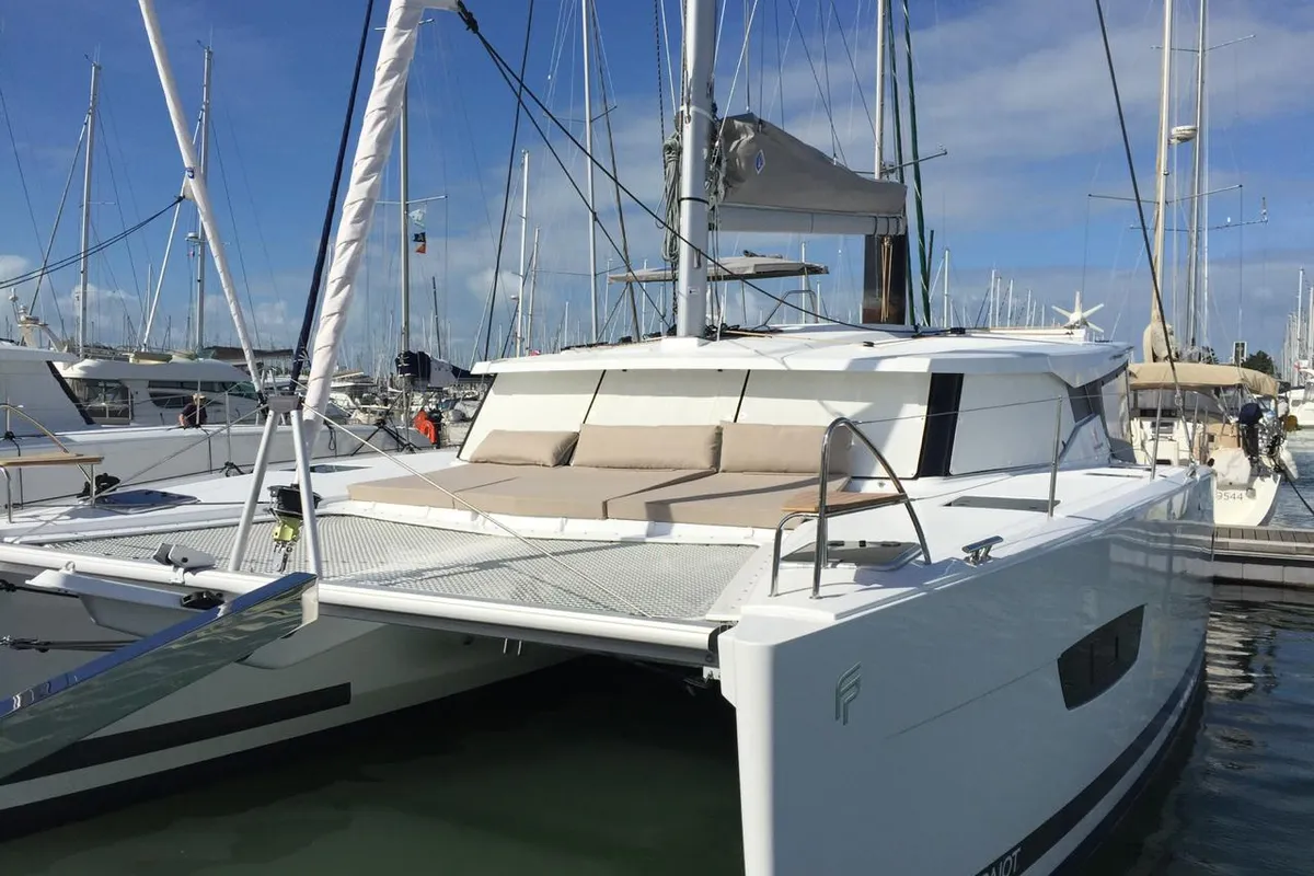 Exterior view of Papaya, a Fountaine Pajot Lucia 40 catamaran at Ibiza, Spain