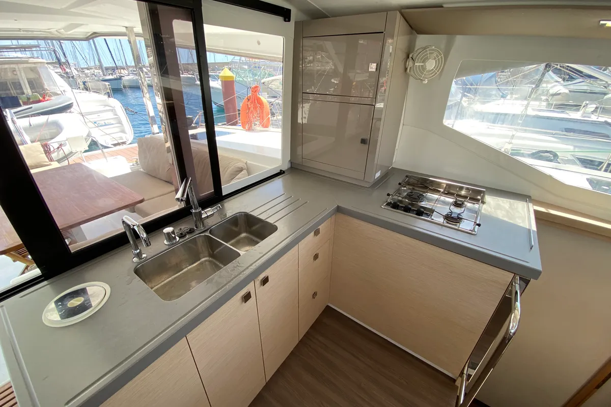 Galley of Papaya, a Fountaine Pajot Lucia 40 catamaran at Ibiza, Spain