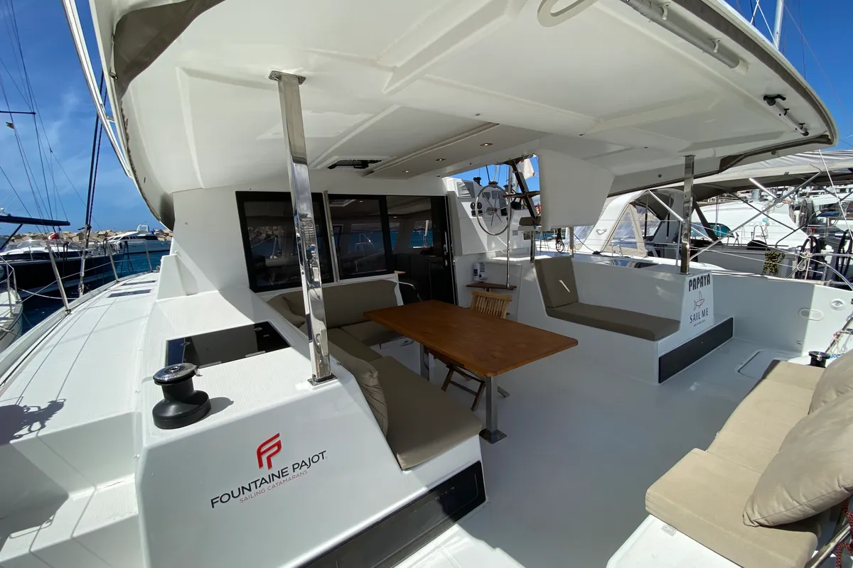 Deck of Papaya, a Fountaine Pajot Lucia 40 catamaran at Ibiza, Spain