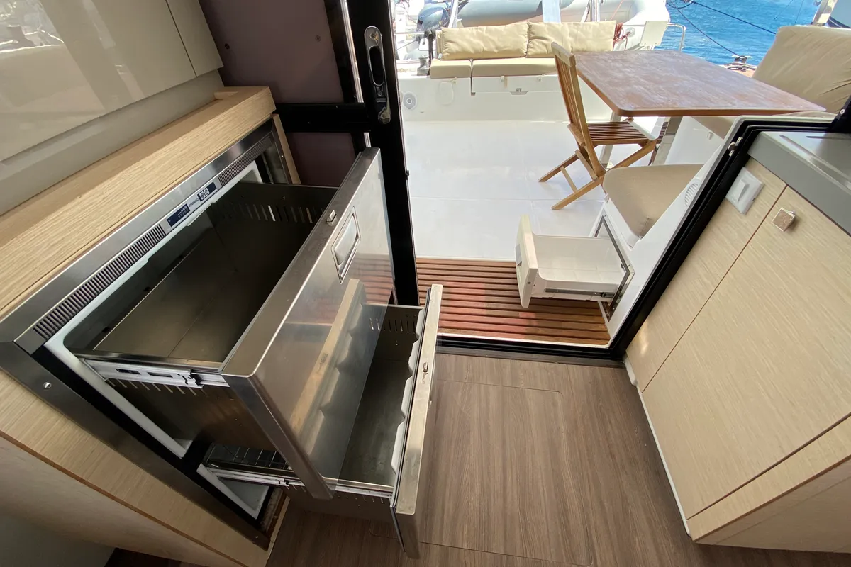 Galley of Papaya, a Fountaine Pajot Lucia 40 catamaran at Ibiza, Spain