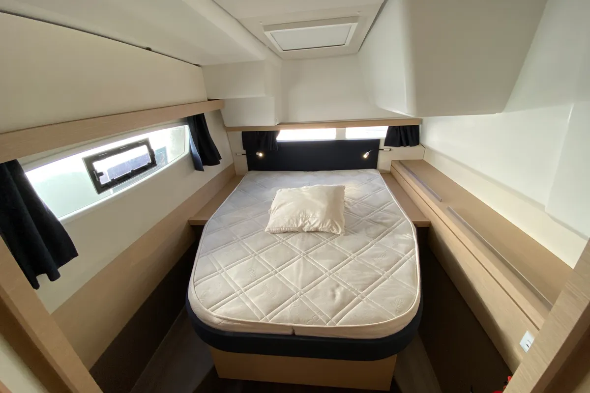 Cabin on Papaya, a Fountaine Pajot Lucia 40 catamaran at Ibiza, Spain
