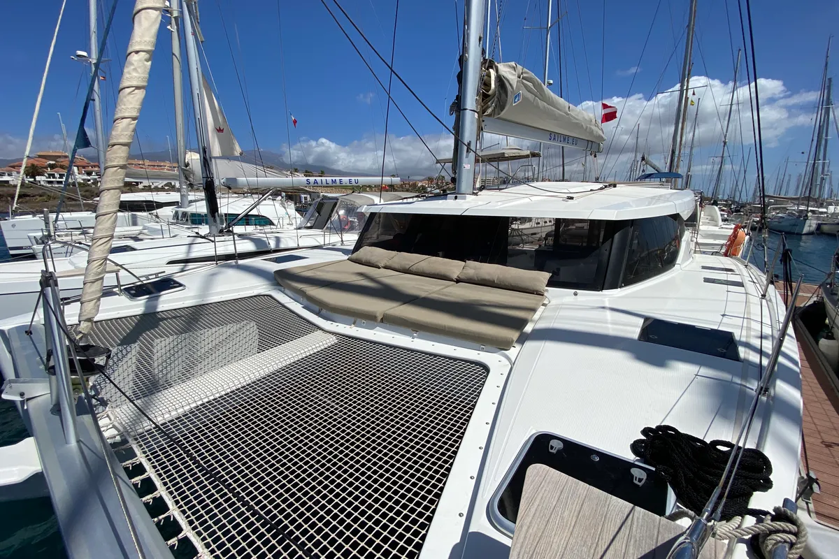 Deck of Papaya, a Fountaine Pajot Lucia 40 catamaran at Ibiza, Spain