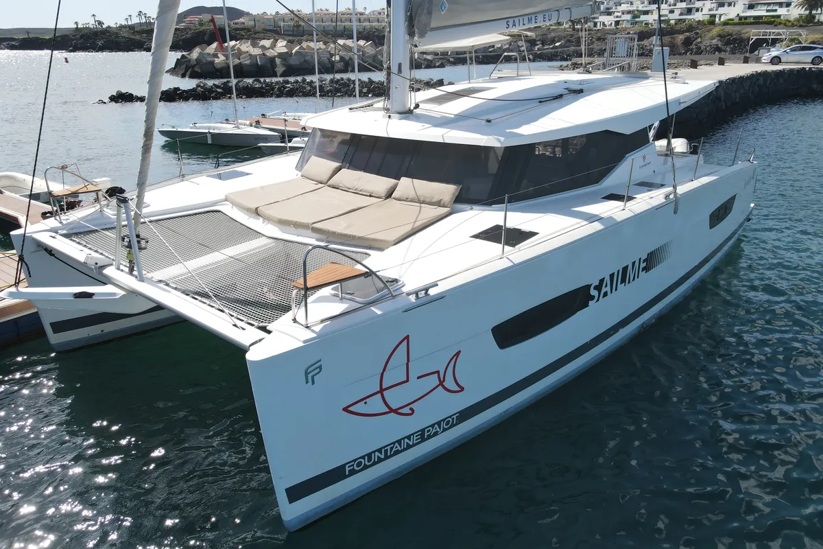 Exterior view of Papaya, a Fountaine Pajot Lucia 40 catamaran at Ibiza, Spain
