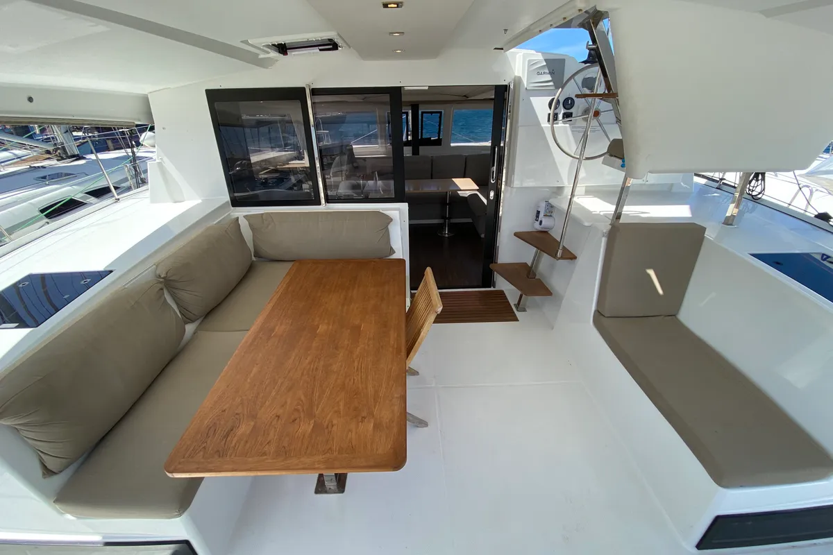 Deck of Papaya, a Fountaine Pajot Lucia 40 catamaran at Ibiza, Spain
