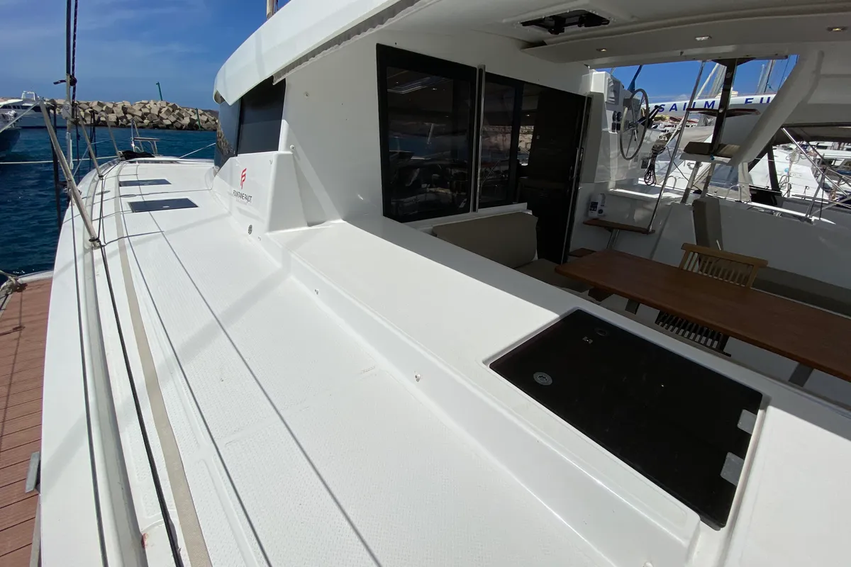 Deck of Papaya, a Fountaine Pajot Lucia 40 catamaran at Ibiza, Spain