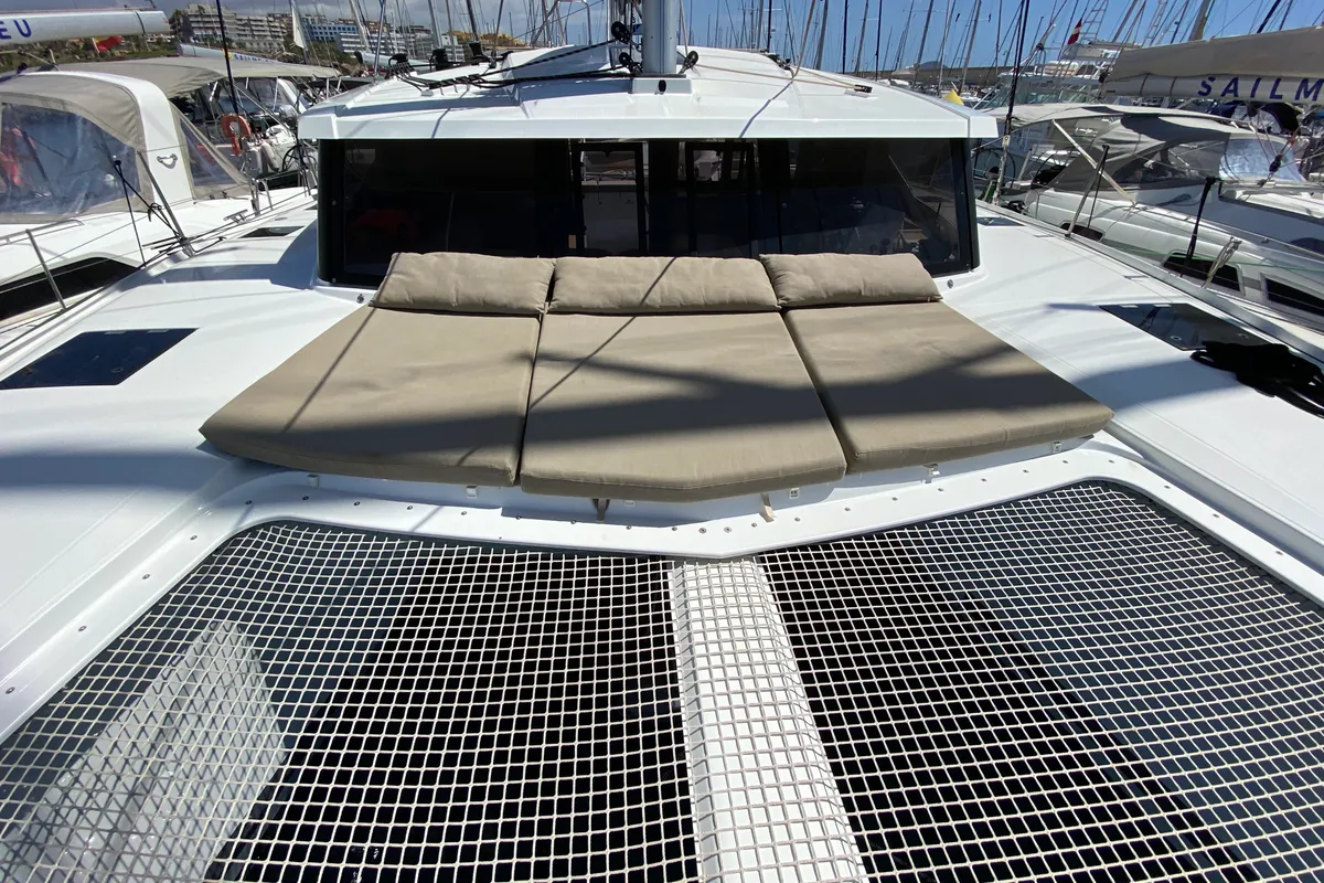 Deck of Papaya, a Fountaine Pajot Lucia 40 catamaran at Ibiza, Spain