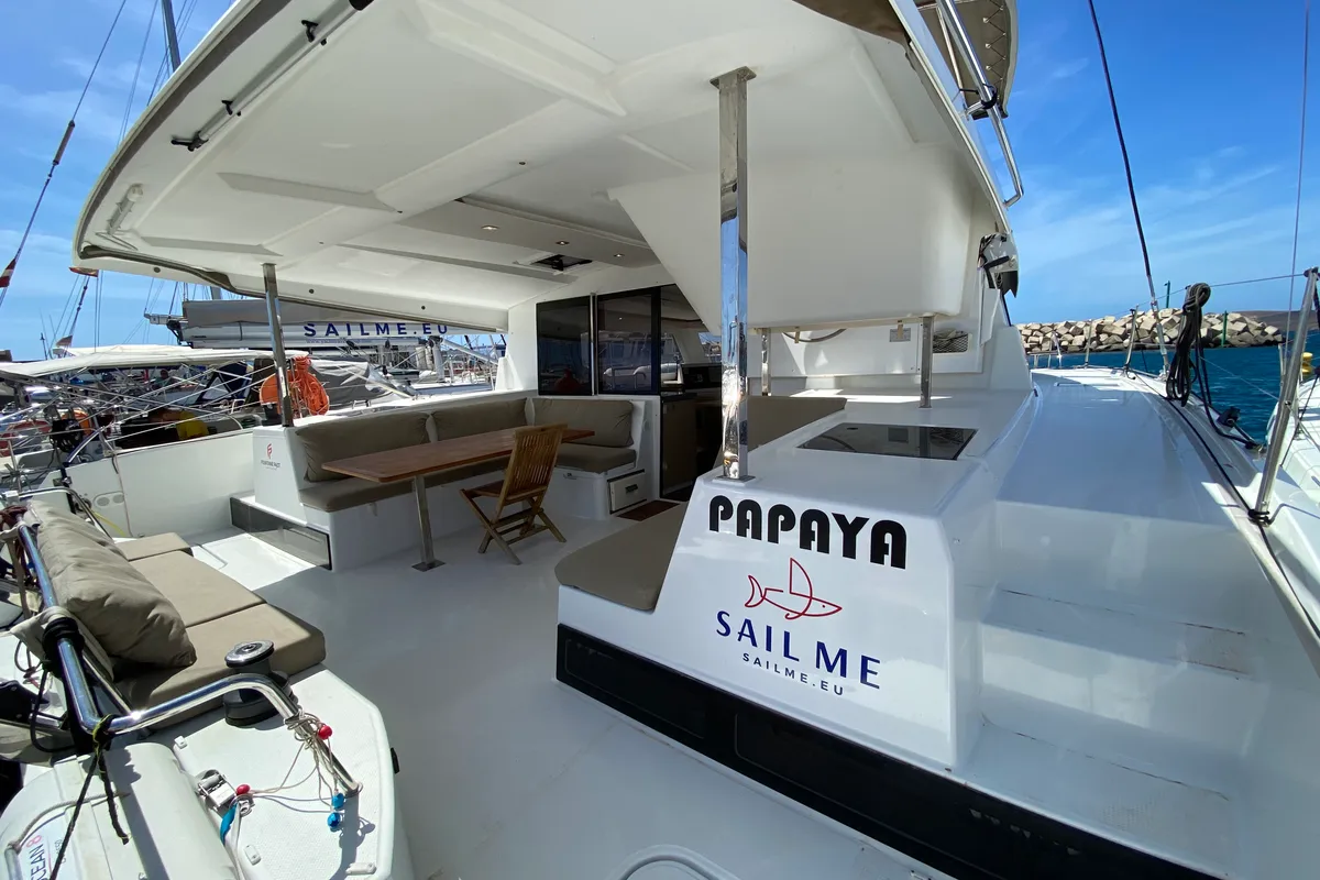 Deck of Papaya, a Fountaine Pajot Lucia 40 catamaran at Ibiza, Spain