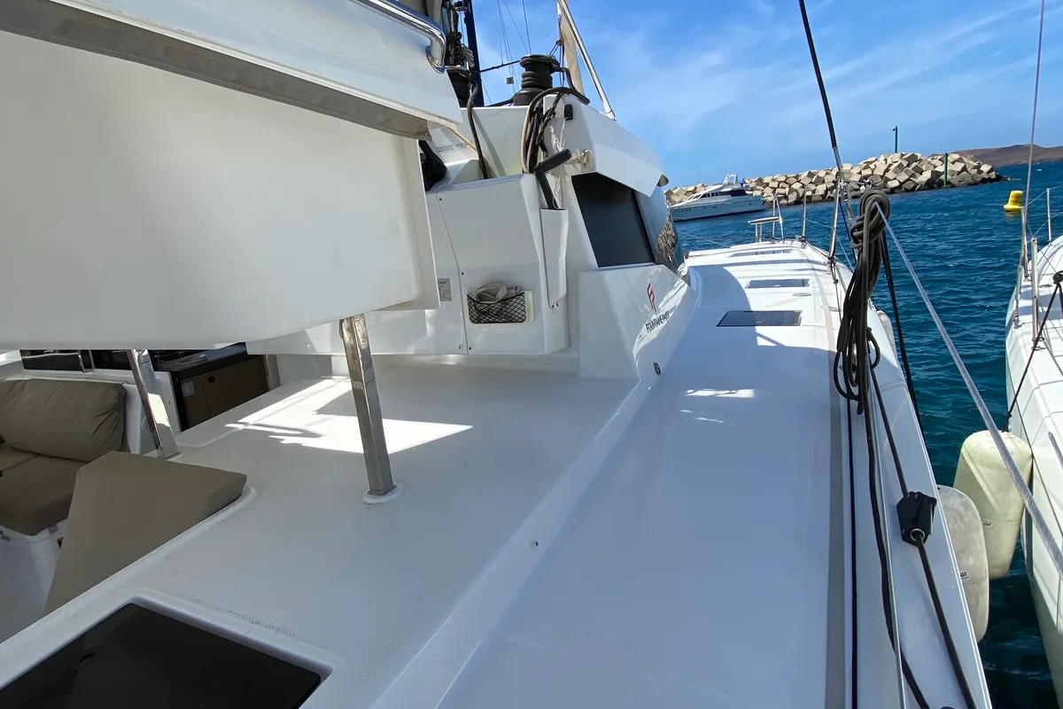 Deck of Papaya, a Fountaine Pajot Lucia 40 catamaran at Ibiza, Spain