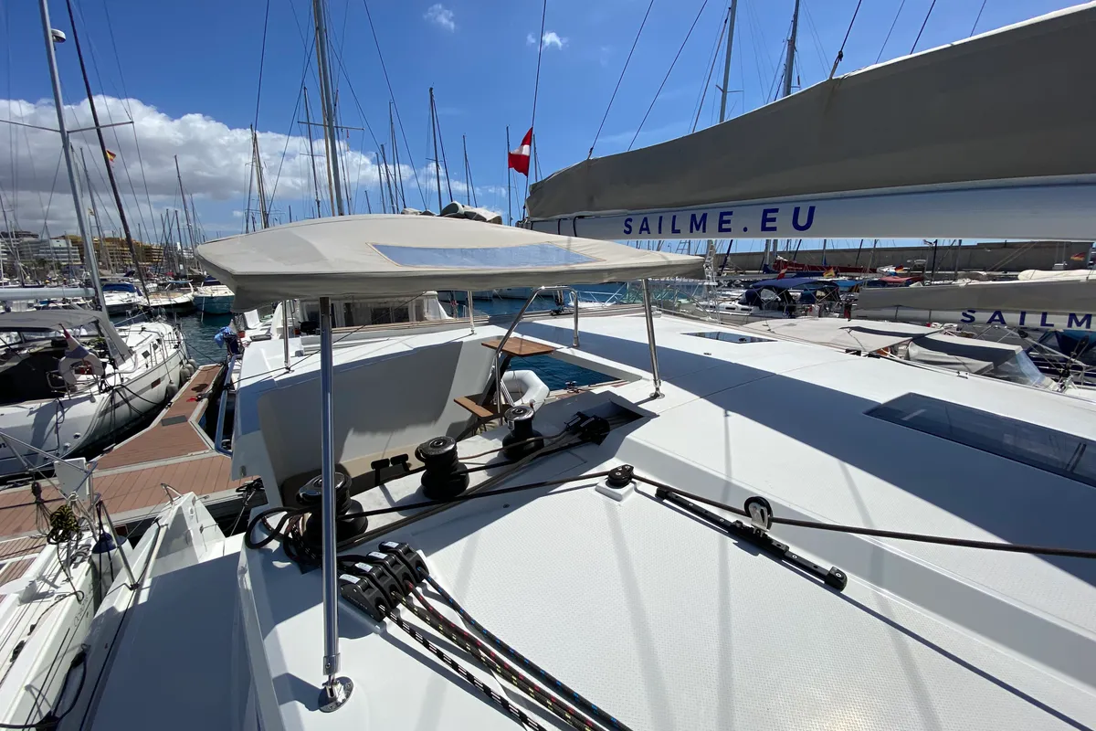 Deck of Papaya, a Fountaine Pajot Lucia 40 catamaran at Ibiza, Spain