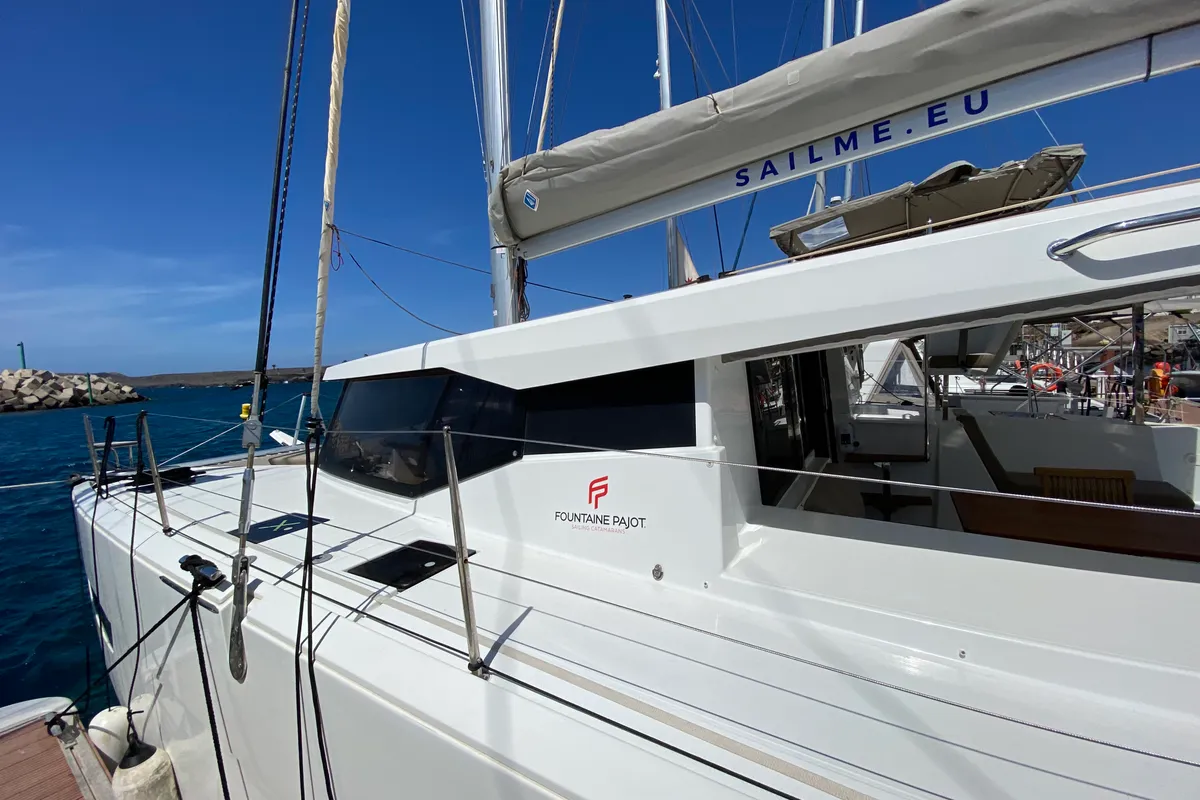 Exterior view of Papaya, a Fountaine Pajot Lucia 40 catamaran at Ibiza, Spain