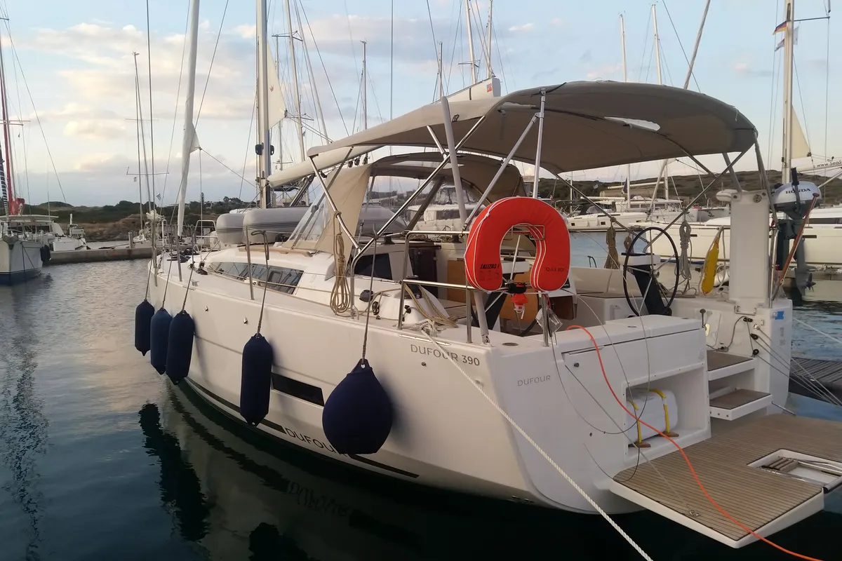 Exterior view of Blu, a Dufour 390 sailboat at Nea Peramos, Greece