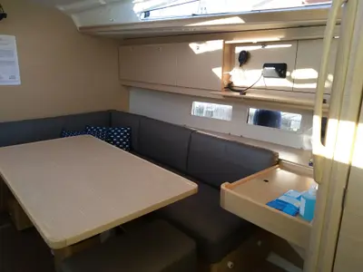 Salon of Blu, a Dufour 390 sailboat at Nea Peramos, Greece