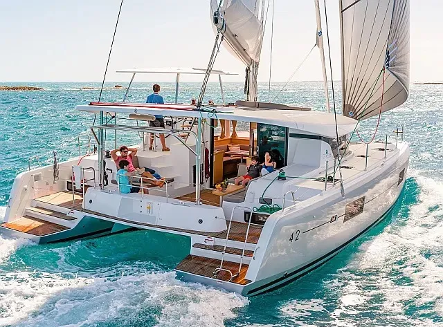 Exterior view of Amfitrite, a Lagoon 42 catamaran at Grad Trogir, Croatia