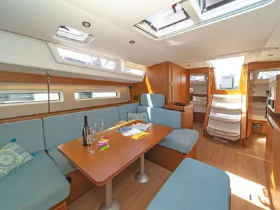 Salon of Queens of Utrecht, a Jeanneau Sun Odyssey 490 sailboat at Municipal Unit of Ellomenos, Greece