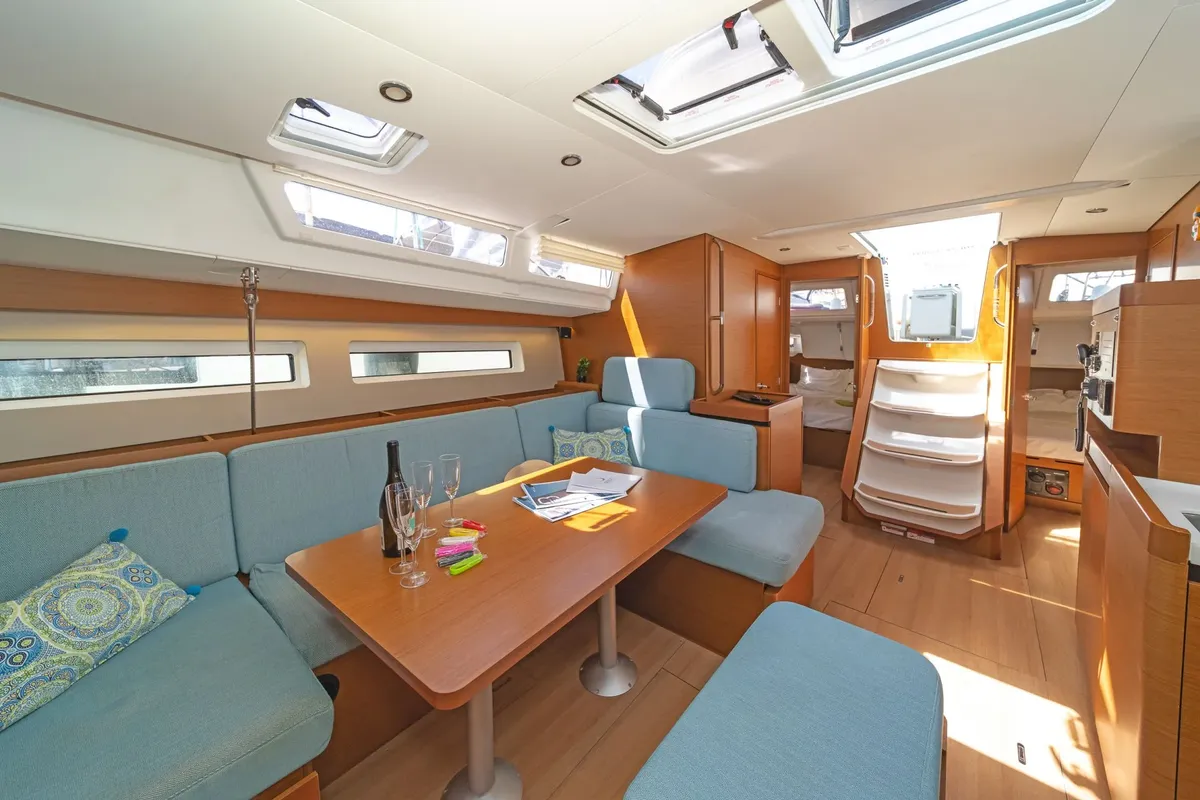 Salon of Queens of Utrecht, a Jeanneau Sun Odyssey 490 sailboat at Municipal Unit of Ellomenos, Greece