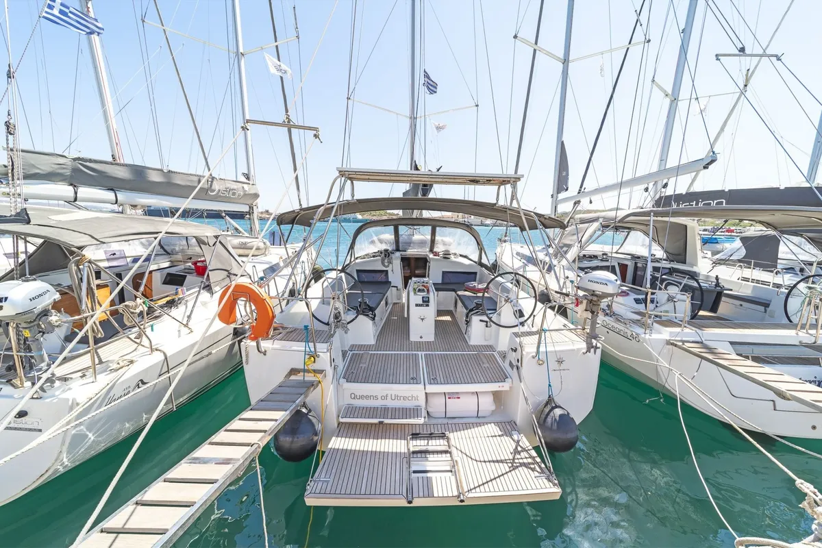 Exterior view of Queens of Utrecht, a Jeanneau Sun Odyssey 490 sailboat at Municipal Unit of Ellomenos, Greece