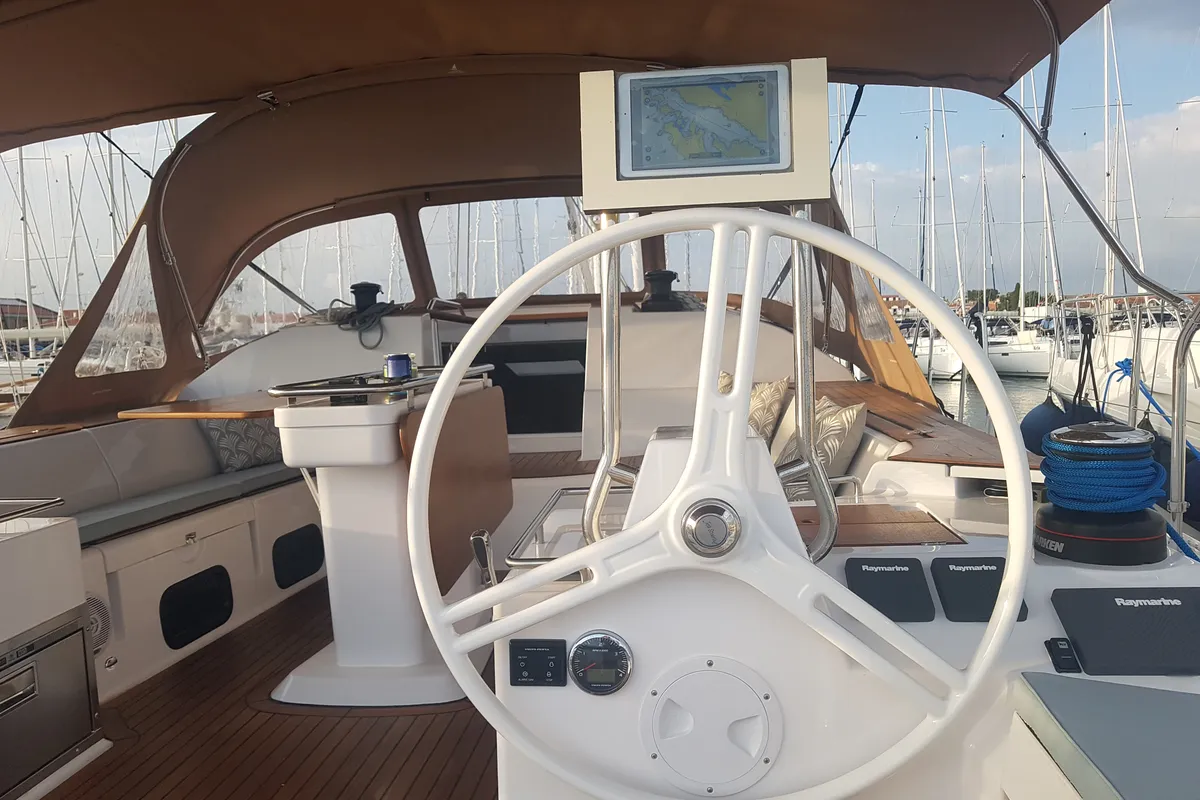 Cockpit of April, a Elan Impression 50 sailboat at Pirovac, Croatia