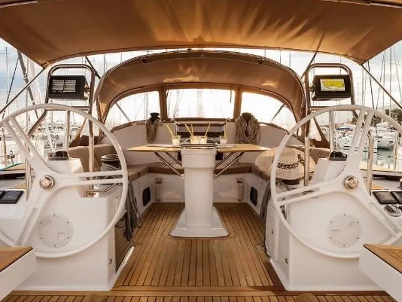 Cockpit of April, a Elan Impression 50 sailboat at Pirovac, Croatia
