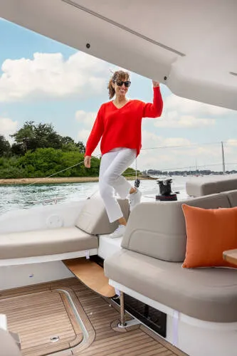 Deck of FP 41, a Fountaine Pajot New 41 catamaran at es Jonquet, Spain