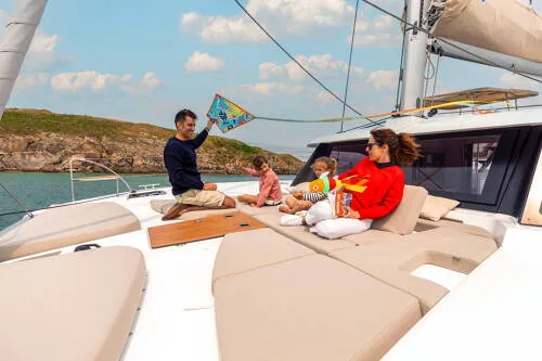 Deck of FP 41, a Fountaine Pajot New 41 catamaran at es Jonquet, Spain