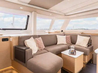 Salon of FP 41, a Fountaine Pajot New 41 catamaran at es Jonquet, Spain