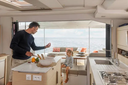 Galley of FP 41, a Fountaine Pajot New 41 catamaran at es Jonquet, Spain
