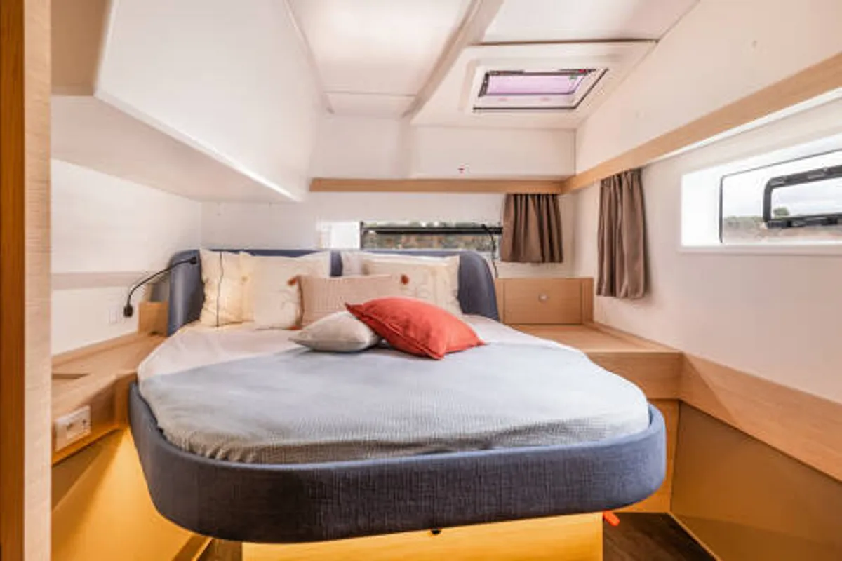 Cabin on FP 41, a Fountaine Pajot New 41 catamaran at es Jonquet, Spain