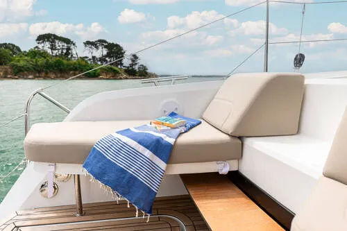 Deck of FP 41, a Fountaine Pajot New 41 catamaran at es Jonquet, Spain