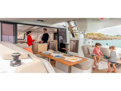 Galley of FP 41, a Fountaine Pajot New 41 catamaran at es Jonquet, Spain
